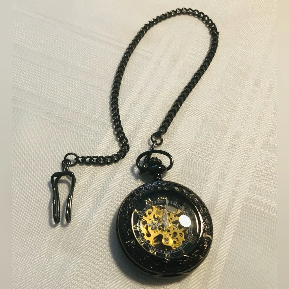 Like New Black Men’s Mechanical Pocket Watch with Chain